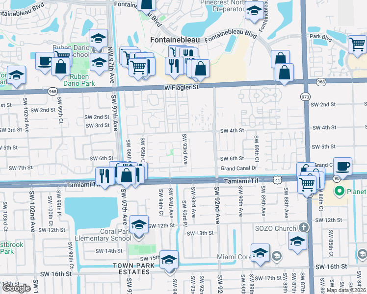 map of restaurants, bars, coffee shops, grocery stores, and more near 9320 Southwest 5th Lane in Miami