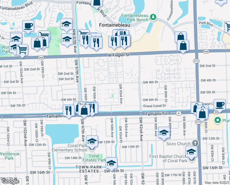 map of restaurants, bars, coffee shops, grocery stores, and more near 9320 Southwest 5th Lane in Miami