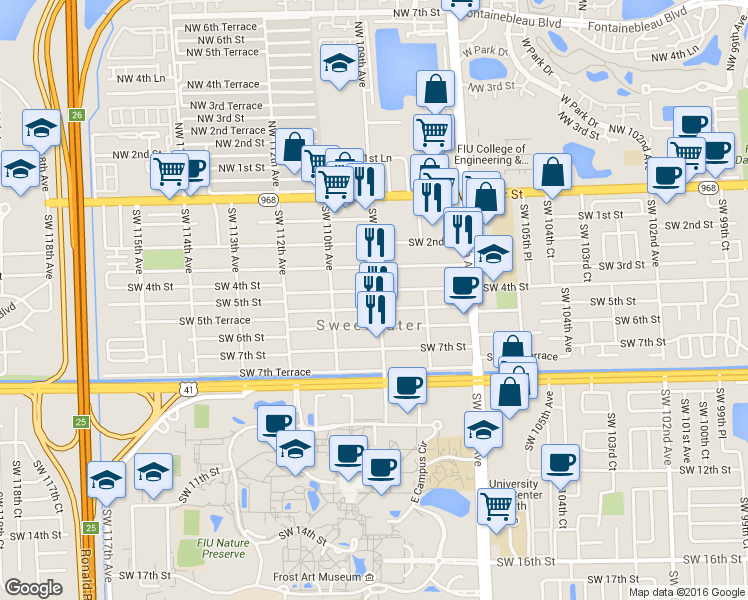 map of restaurants, bars, coffee shops, grocery stores, and more near 500 Southwest 109th Avenue in Miami