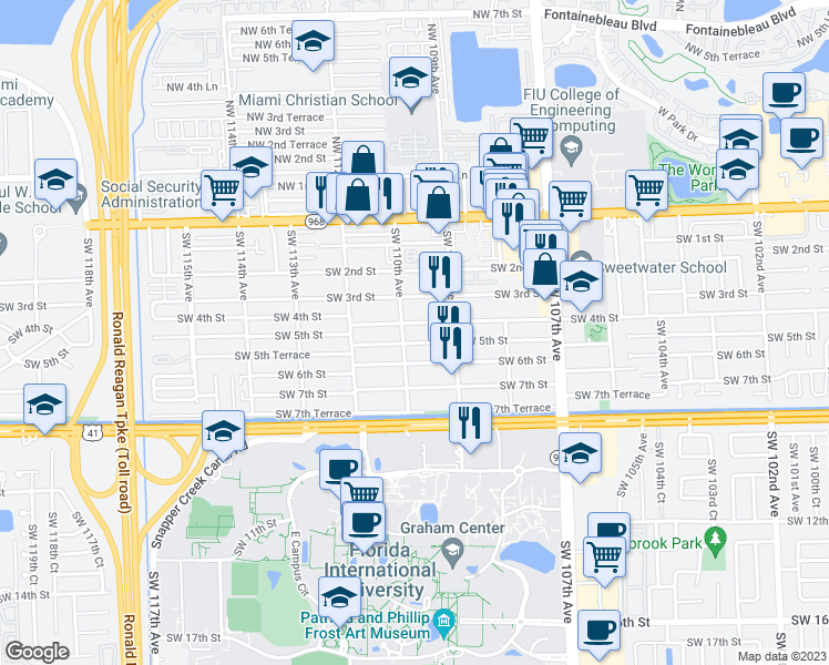 map of restaurants, bars, coffee shops, grocery stores, and more near 10982 Southwest 5th Street in Miami