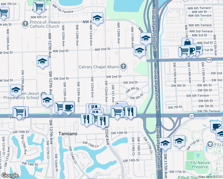 map of restaurants, bars, coffee shops, grocery stores, and more near 229 Southwest 122nd Avenue in Miami
