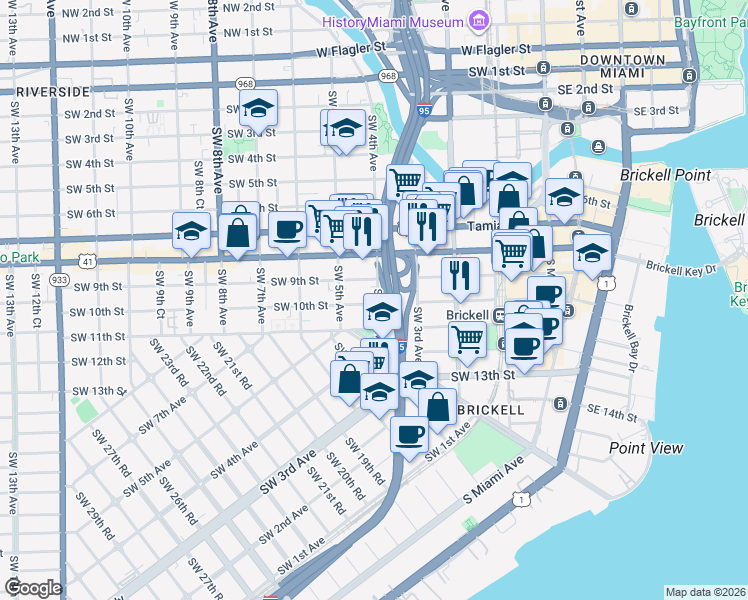map of restaurants, bars, coffee shops, grocery stores, and more near 1001 Southwest 4th Avenue in Miami