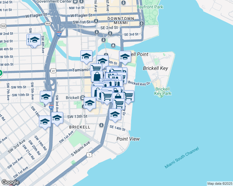 map of restaurants, bars, coffee shops, grocery stores, and more near 1000 Brickell Avenue in Miami
