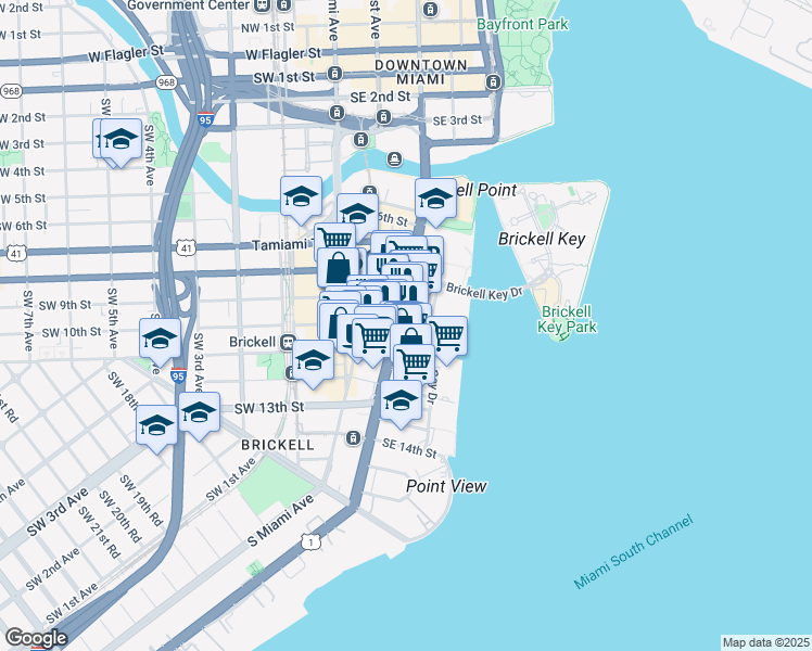 map of restaurants, bars, coffee shops, grocery stores, and more near 1000 Brickell Avenue in Miami