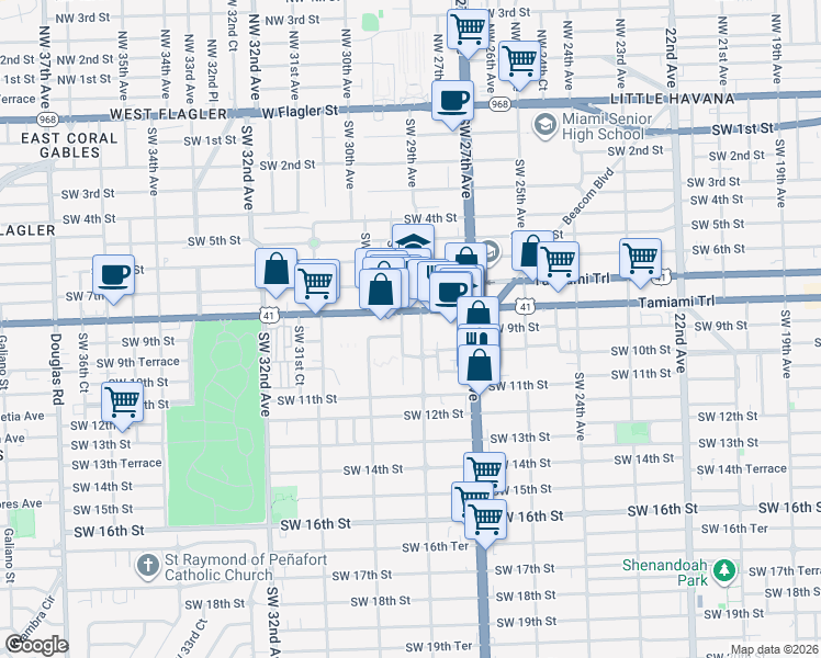 map of restaurants, bars, coffee shops, grocery stores, and more near 928 Southwest 29th Avenue in Miami