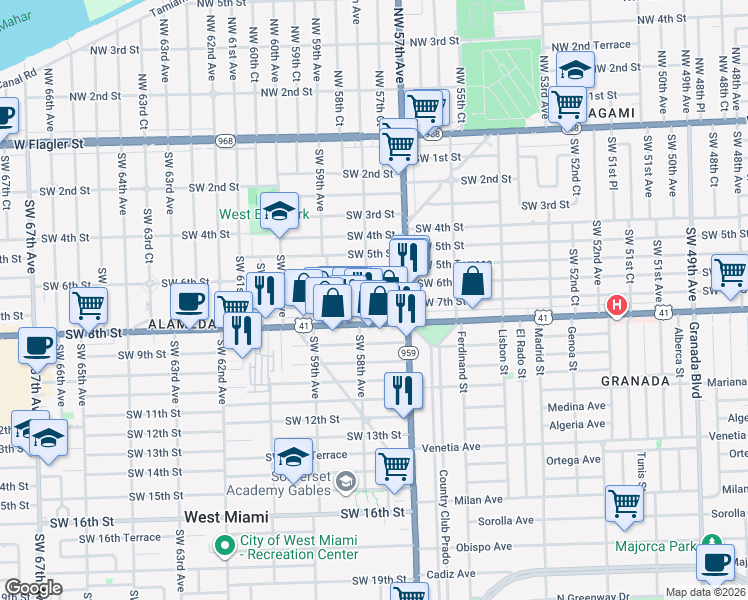 map of restaurants, bars, coffee shops, grocery stores, and more near 5742 Southwest 7th Street in Miami