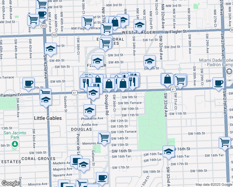 map of restaurants, bars, coffee shops, grocery stores, and more near 890 Northwest 35th Avenue in Miami