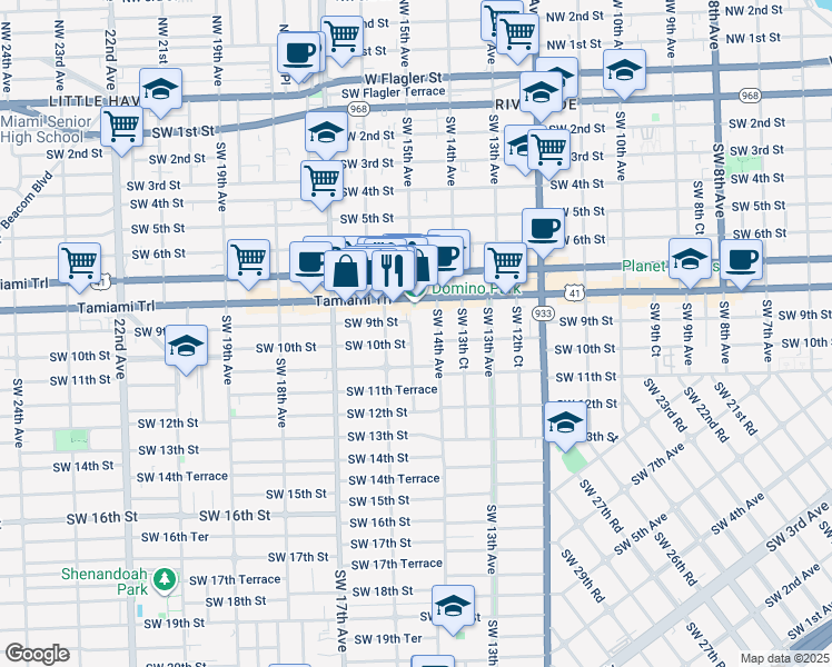map of restaurants, bars, coffee shops, grocery stores, and more near 1520 Southwest 10th Street in Miami