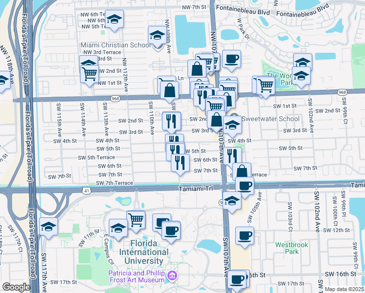 map of restaurants, bars, coffee shops, grocery stores, and more near 10856 Southwest 5th Street in Miami