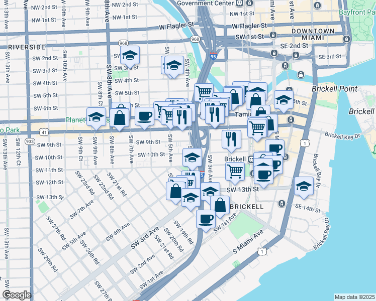map of restaurants, bars, coffee shops, grocery stores, and more near 1001 Southwest 4th Avenue in Miami