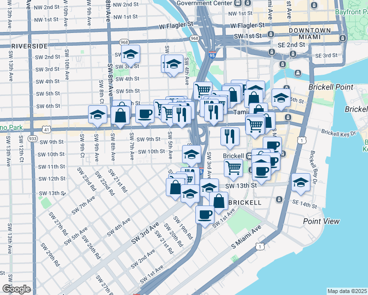 map of restaurants, bars, coffee shops, grocery stores, and more near 1001 Southwest 4th Avenue in Miami