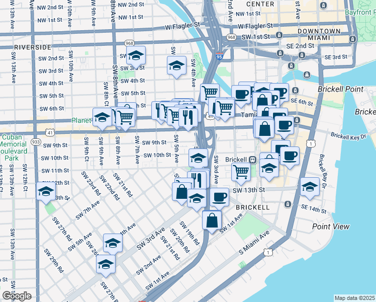 map of restaurants, bars, coffee shops, grocery stores, and more near 480 Southwest 10th Street in Miami