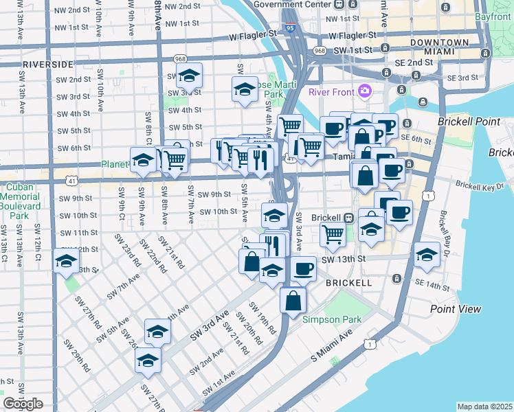 map of restaurants, bars, coffee shops, grocery stores, and more near 480 Southwest 10th Street in Miami