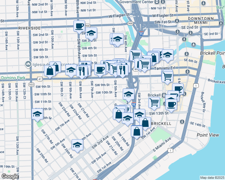 map of restaurants, bars, coffee shops, grocery stores, and more near 558 Southwest 10th Street in Miami