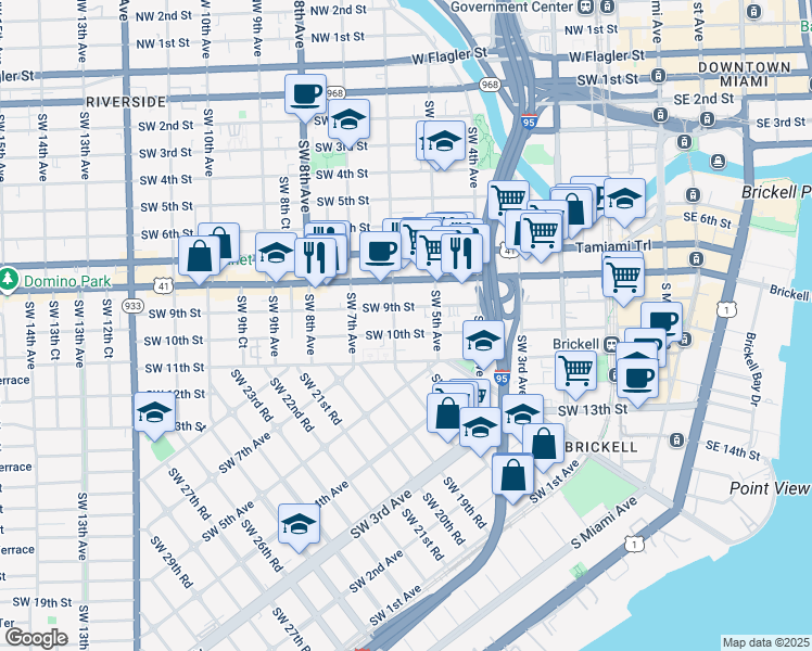 map of restaurants, bars, coffee shops, grocery stores, and more near 558 Southwest 10th Street in Miami