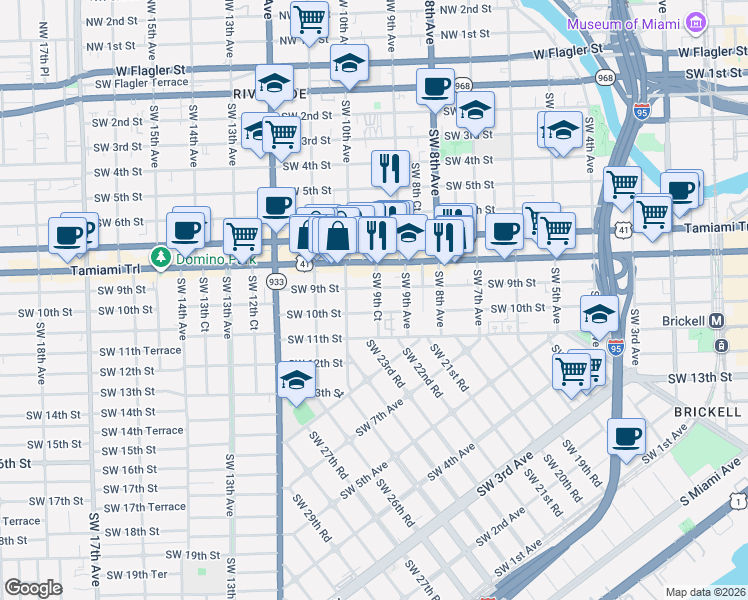 map of restaurants, bars, coffee shops, grocery stores, and more near 930 Southwest 10th Street in Miami