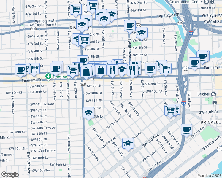 map of restaurants, bars, coffee shops, grocery stores, and more near 989 Southwest 10th Street in Miami