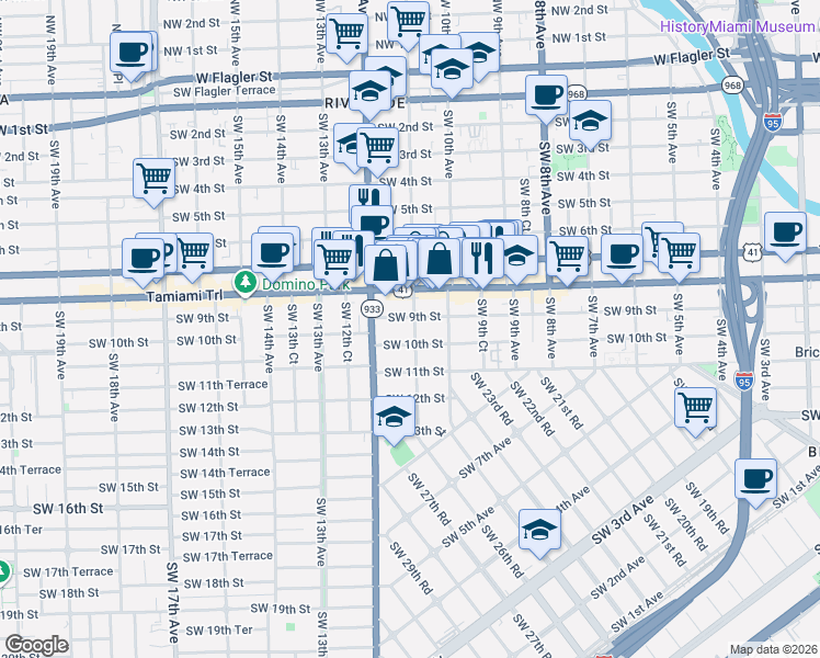 map of restaurants, bars, coffee shops, grocery stores, and more near 1051 Southwest 10th Street in Miami