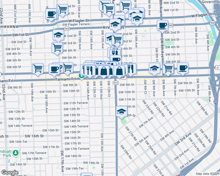 map of restaurants, bars, coffee shops, grocery stores, and more near 1016 Southwest 12th Court in Miami