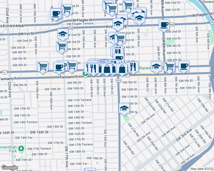 map of restaurants, bars, coffee shops, grocery stores, and more near 1016 Southwest 12th Court in Miami
