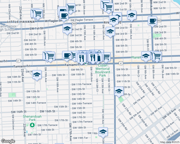 map of restaurants, bars, coffee shops, grocery stores, and more near 1020 Southwest 14th Avenue in Miami