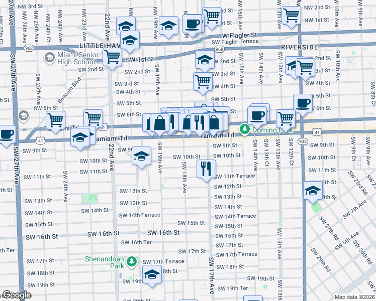 map of restaurants, bars, coffee shops, grocery stores, and more near 927 Southwest 18th Avenue in Miami