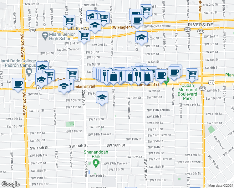 map of restaurants, bars, coffee shops, grocery stores, and more near 1879 Southwest 10th Street in Miami