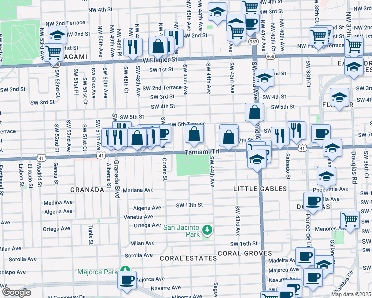 map of restaurants, bars, coffee shops, grocery stores, and more near in Miami
