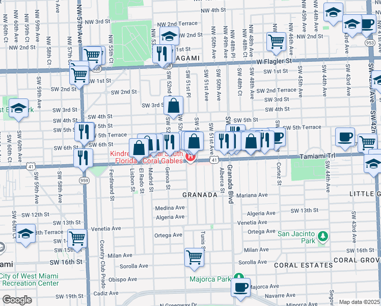 map of restaurants, bars, coffee shops, grocery stores, and more near 5161 Southwest 8th Street in Coral Gables