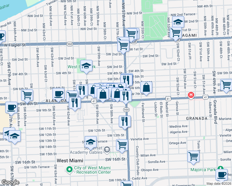 map of restaurants, bars, coffee shops, grocery stores, and more near 5742 Southwest 7th Street in Miami