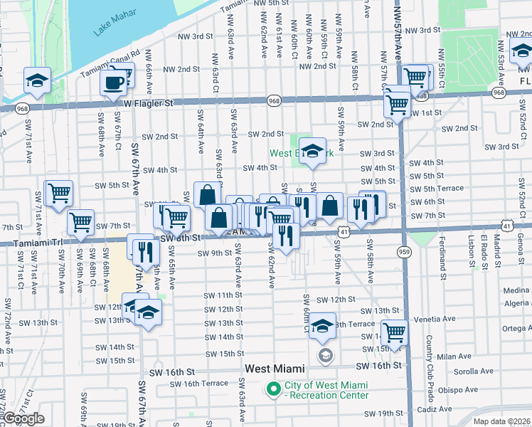 map of restaurants, bars, coffee shops, grocery stores, and more near 701 Southwest 62nd Court in Miami