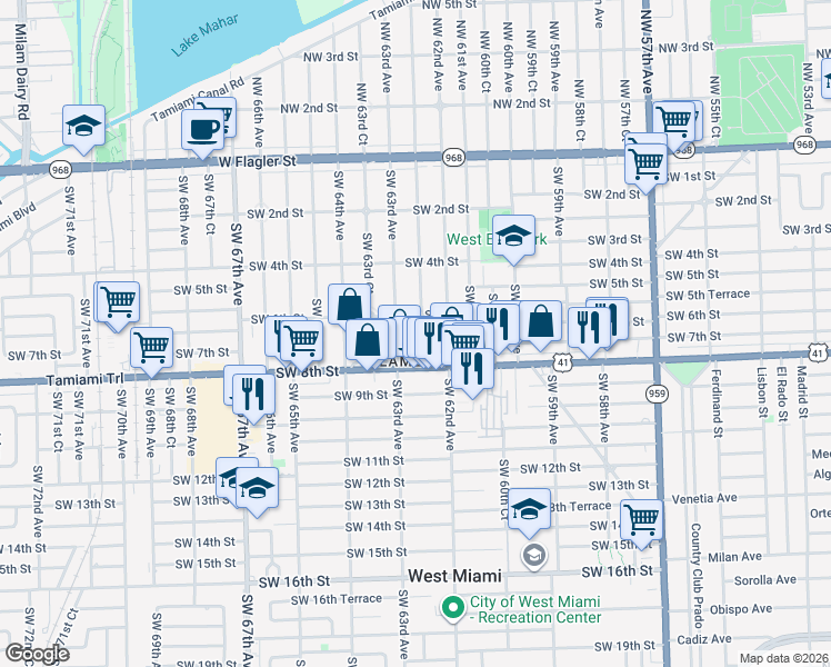 map of restaurants, bars, coffee shops, grocery stores, and more near 701 Southwest 62nd Court in Miami