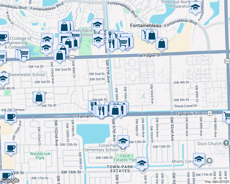 map of restaurants, bars, coffee shops, grocery stores, and more near 517 Southwest 96th Court in Miami