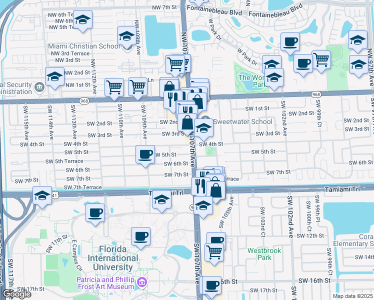 map of restaurants, bars, coffee shops, grocery stores, and more near 10695 Southwest 5th Street in Miami