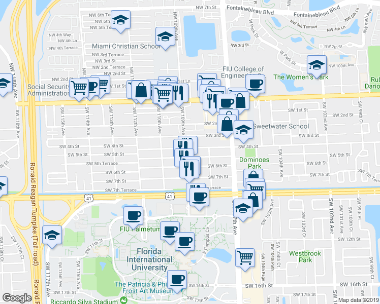 map of restaurants, bars, coffee shops, grocery stores, and more near 500 Southwest 109th Avenue in Miami