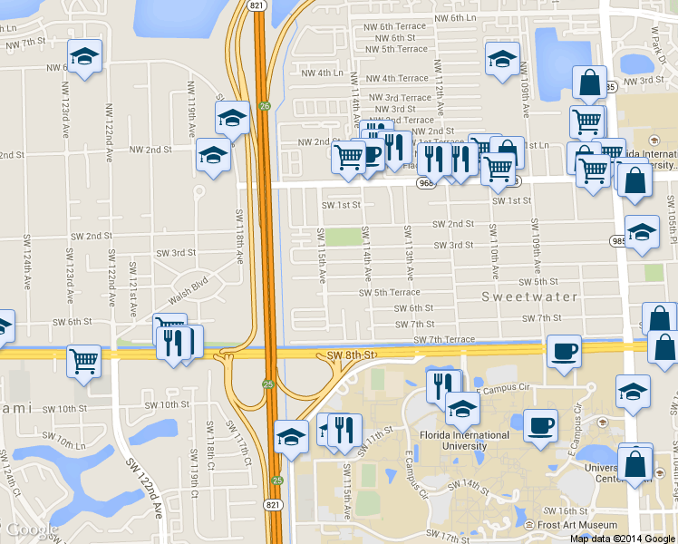 map of restaurants, bars, coffee shops, grocery stores, and more near 11452 Southwest 5th Street in Miami