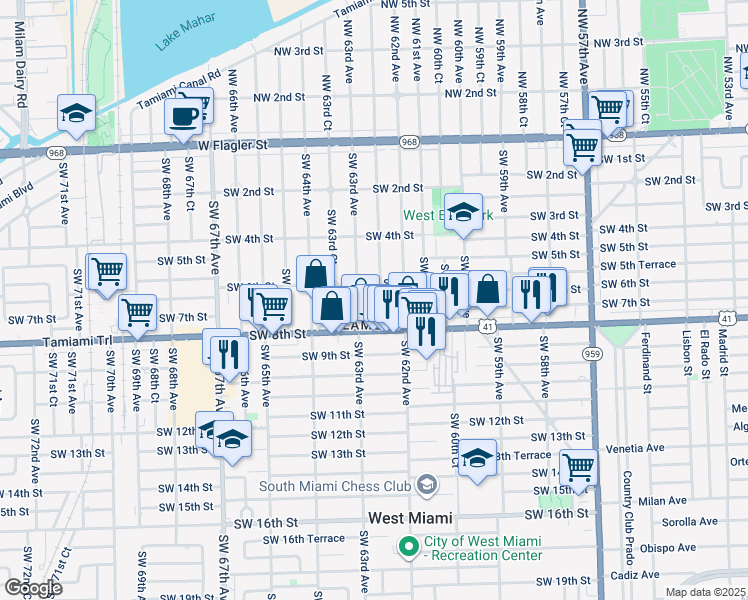 map of restaurants, bars, coffee shops, grocery stores, and more near 701 Southwest 62nd Court in Miami