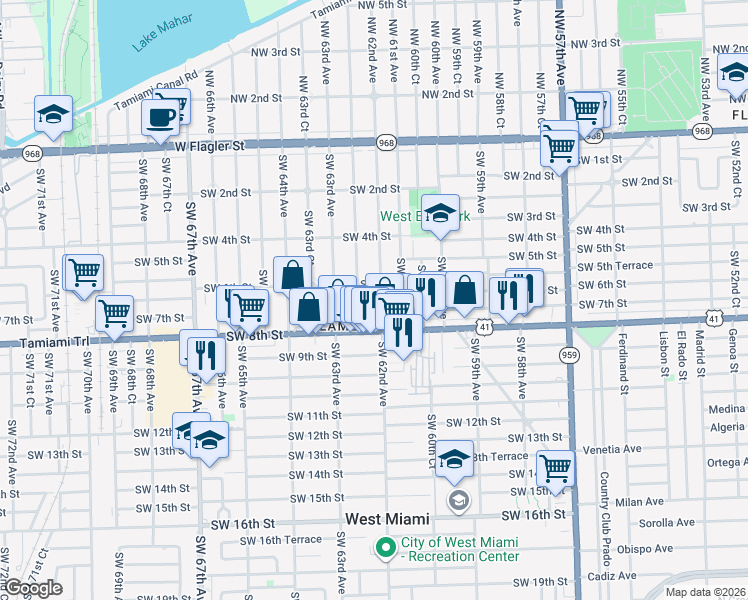 map of restaurants, bars, coffee shops, grocery stores, and more near 701 Southwest 62nd Court in Miami