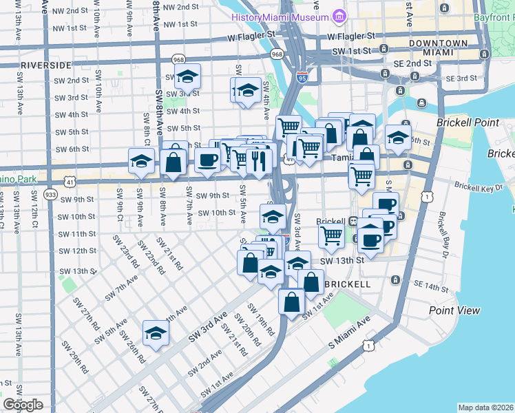 map of restaurants, bars, coffee shops, grocery stores, and more near 480 Southwest 10th Street in Miami