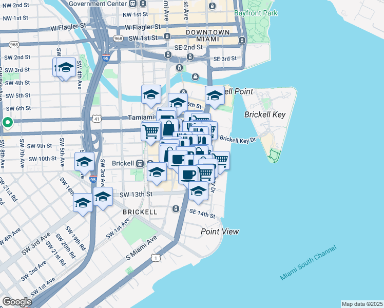 map of restaurants, bars, coffee shops, grocery stores, and more near 1000 Brickell Avenue in Miami