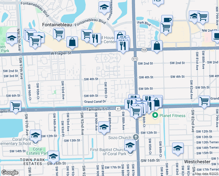 map of restaurants, bars, coffee shops, grocery stores, and more near 8925 Southwest 5th Terrace in Miami