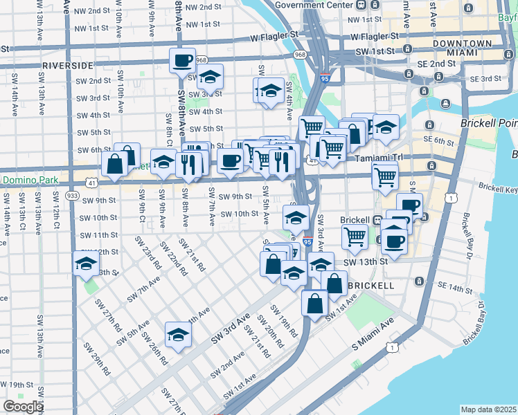 map of restaurants, bars, coffee shops, grocery stores, and more near 558 Southwest 10th Street in Miami