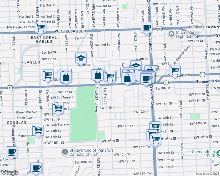 map of restaurants, bars, coffee shops, grocery stores, and more near 901 Southwest 31st Court in Miami