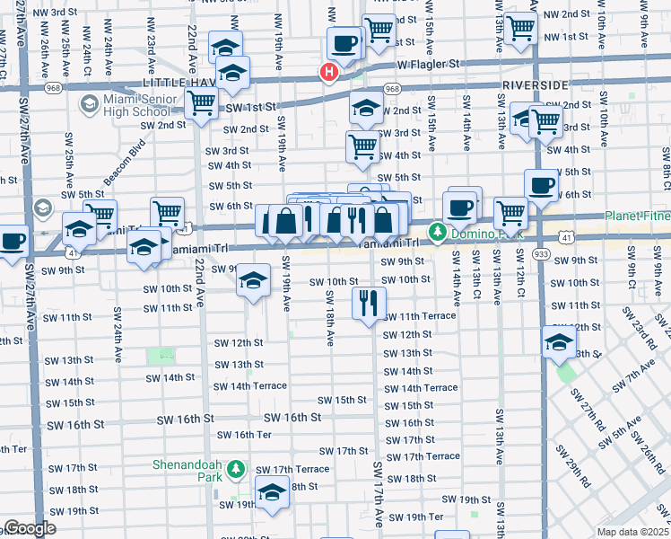 map of restaurants, bars, coffee shops, grocery stores, and more near 927 Southwest 18th Avenue in Miami