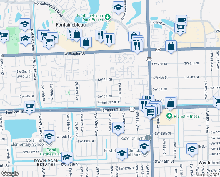 map of restaurants, bars, coffee shops, grocery stores, and more near 8980 Southwest 5th Lane in Miami