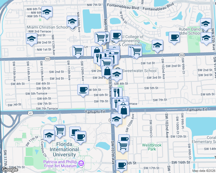map of restaurants, bars, coffee shops, grocery stores, and more near 400 Southwest 107th Avenue in Miami
