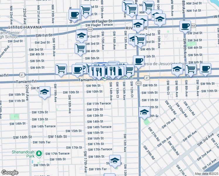 map of restaurants, bars, coffee shops, grocery stores, and more near 1020 Southwest 14th Avenue in Miami