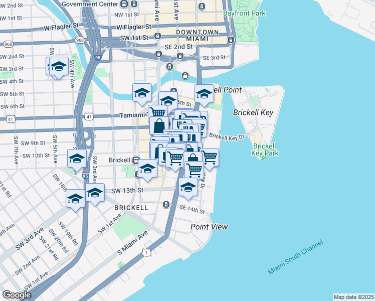 map of restaurants, bars, coffee shops, grocery stores, and more near 1000 Brickell Avenue in Miami