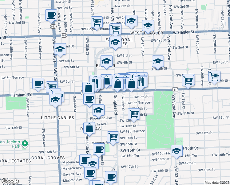 map of restaurants, bars, coffee shops, grocery stores, and more near 806 South Douglas Road in Coral Gables
