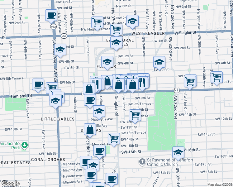 map of restaurants, bars, coffee shops, grocery stores, and more near 806 South Douglas Road in Coral Gables